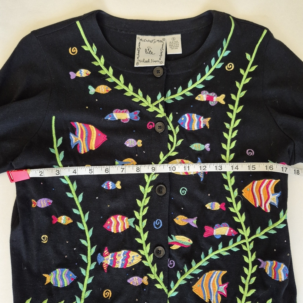 Michael Simon Cardigan Black Fish Embroidered Long Sleeve Button Up Size S - Picture 7 of 9